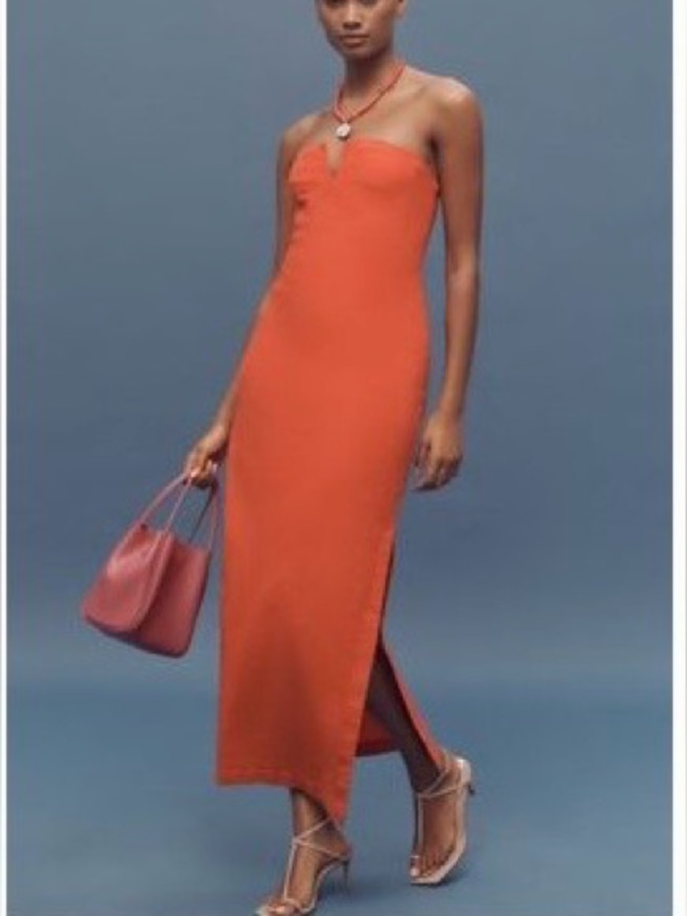 Anthropologie Strapless Linen Red Maxi Dress